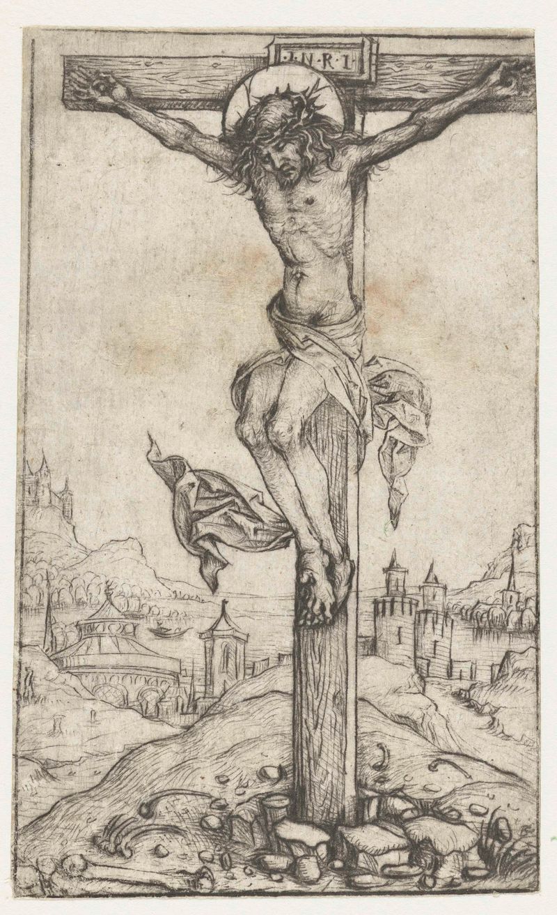 De kruisiging, aguatinta de Meester van het Amsterdamse Kabinet, representando la crucifixión de Cristo.