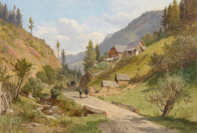 Landschaft in Niederösterreich by Leopold Munsch, oil on canvas depicting rolling hills and a blue sky.