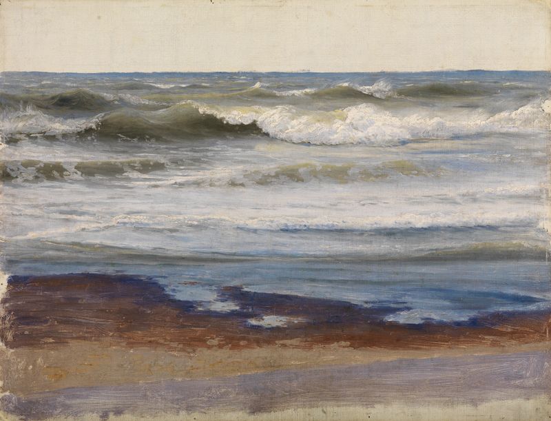 Escena marina con olas rompiendo en la costa, pintura al óleo de Johann Wilhelm Schirmer.