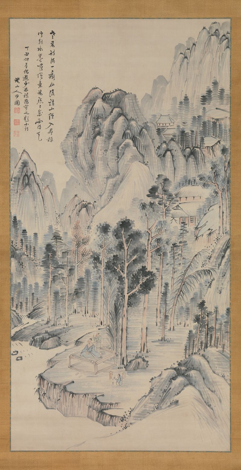 Shōrinji Temple, ink on paper by Okada Beisanjin, featuring intricate temple architecture.