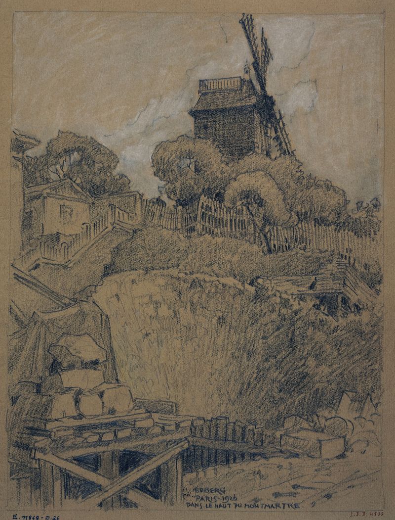 Paisagem com um moinho em Montmartre, pintura a óleo de Ferdinand Boberg