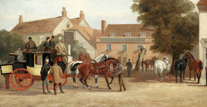 The London to Dorking Coach resting at the Marquess of Granby, óleo sobre lienzo de John Sturgess