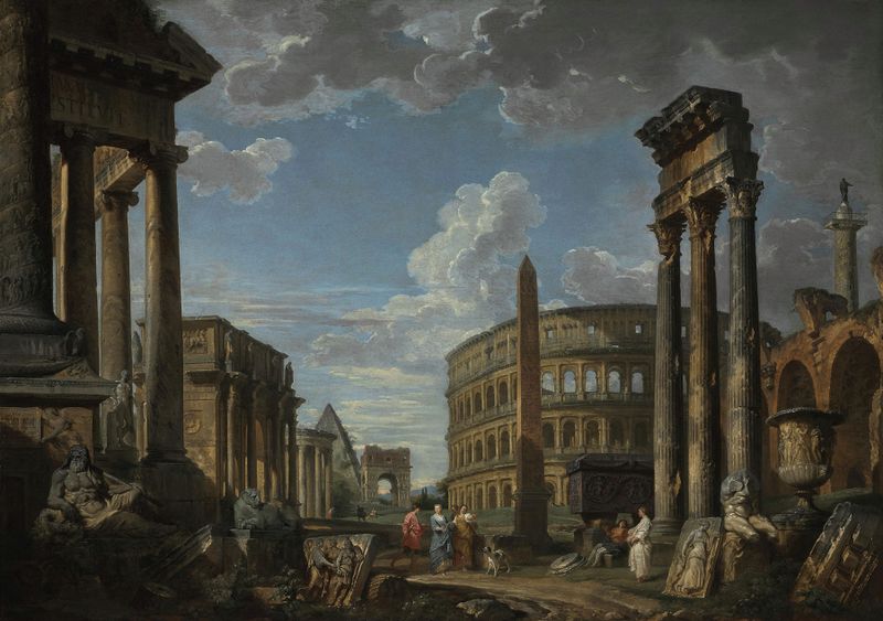 An architectural capriccio with figures among Roman ruins, oil on canvas by Giovanni Paolo Panini
