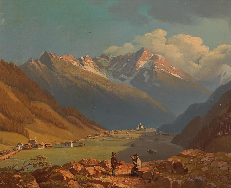 Böckstein bei Bad Gastein de Josef Mayr, paisaje del Romanticismo, con montañas y un lago tranquilo.