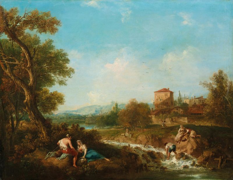An Arcadian landscape with figures near a stream, oil painting by Francesco Zuccarelli