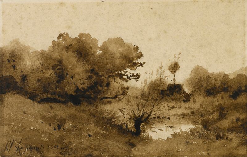 Mare de Henri-Joseph Harpignies, óleo sobre tela, representando uma paisagem tranquila ao crepúsculo