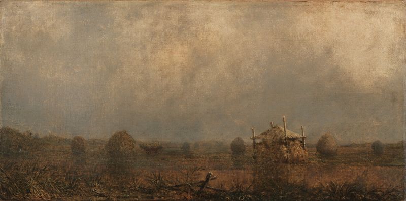 High Tide on the Marshes, óleo sobre tela de Martin Johnson Heade, retrata um pôr do sol tranquilo sobre os pântanos.