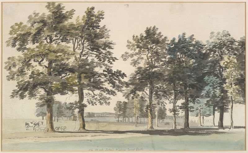 Watercolour by Thomas Sandby depicting a tranquil moat island surrounded by greenery.