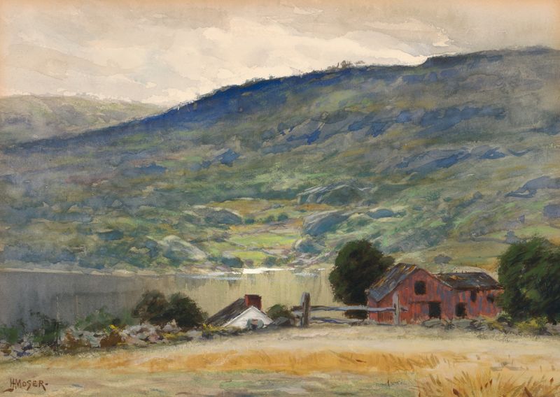 Landscape featuring hills and a lake, oil painting by James Henry Moser