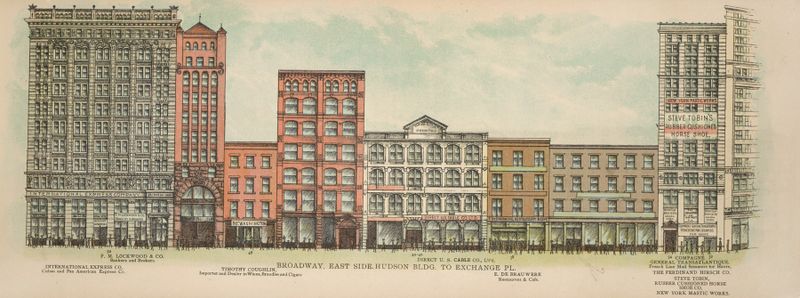 Urban scene with figures and buildings, created by Mail & Express in 1899.
