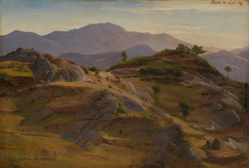 Landschaft bei Civitella, óleo sobre tela de Johann Wilhelm Schirmer mostrando colinas e um céu azul.