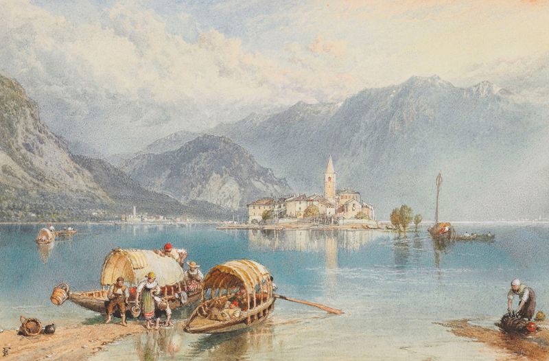 Watercolour by Myles Birket Foster depicting Isola Bella on Lake Maggiore