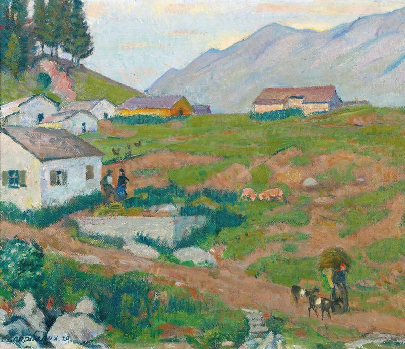 Pintura a óleo de Post-Impressionismo por Emil Cardinaux retratando uma paisagem serena com colinas e cores suaves