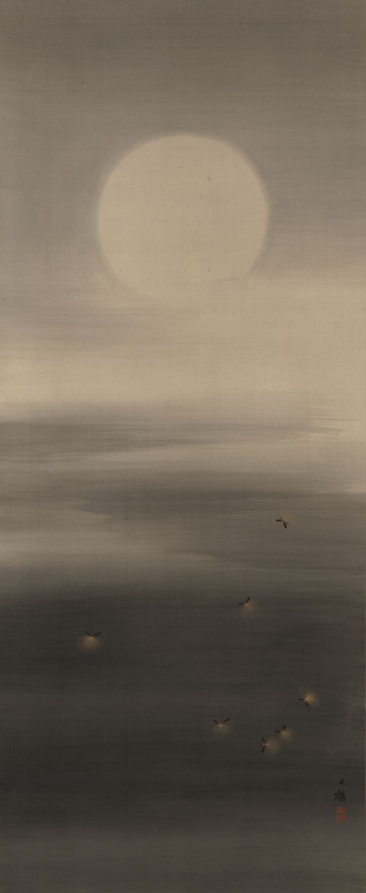 Siete Luciérnagas en la Luz de la Luna, tinta sobre seda de Shiokawa Bunrin, luciérnagas brillantes en un paisaje oscuro.