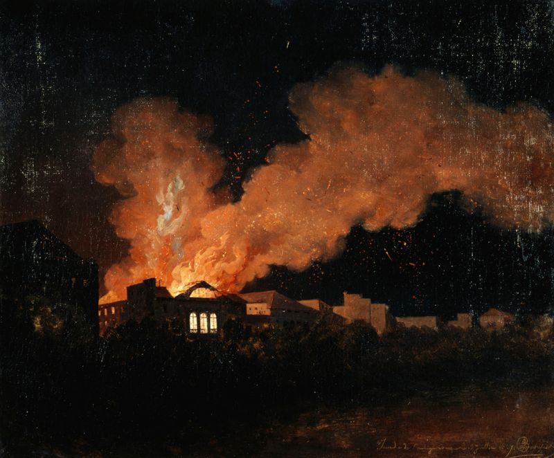Escena histórica de fuego en el teatro de Antoine-Fèlix Boisselier, pintura al óleo