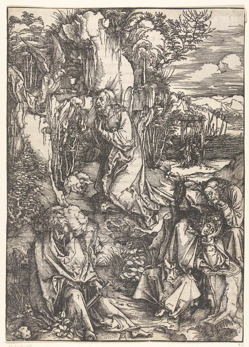 Christus op de Olijfberg, etching by Albrecht Dürer, depicting Christ surrounded by light and shadow.