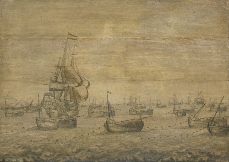 A Frota de Arenque Holandesa óleo de Pieter Vogelaer mostrando barcos de pesca em um porto.