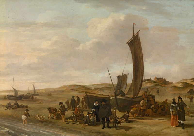A Praia de Scheveningen de Cornelis Beelt, óleo sobre tela mostrando figuras na costa e ondas suaves.