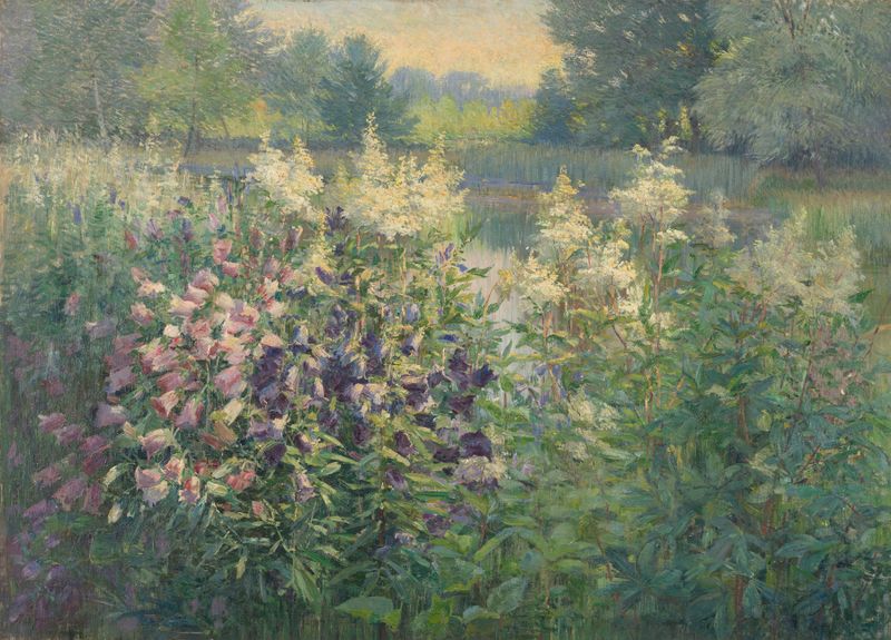 Landschap met klokbloemen de Juliette Wytsman-Trullemans, pintura impresionista al óleo con campanillas y un paisaje.