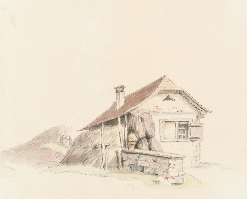 Bauernhaus de Johann Ludwig Aberli, pintura a óleo de uma casa sob céus tempestuosos.