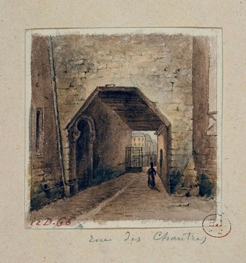 Rue des chantres de Auguste-Sébastien Bénard, óleo que muestra un callejón con adoquines y edificios.