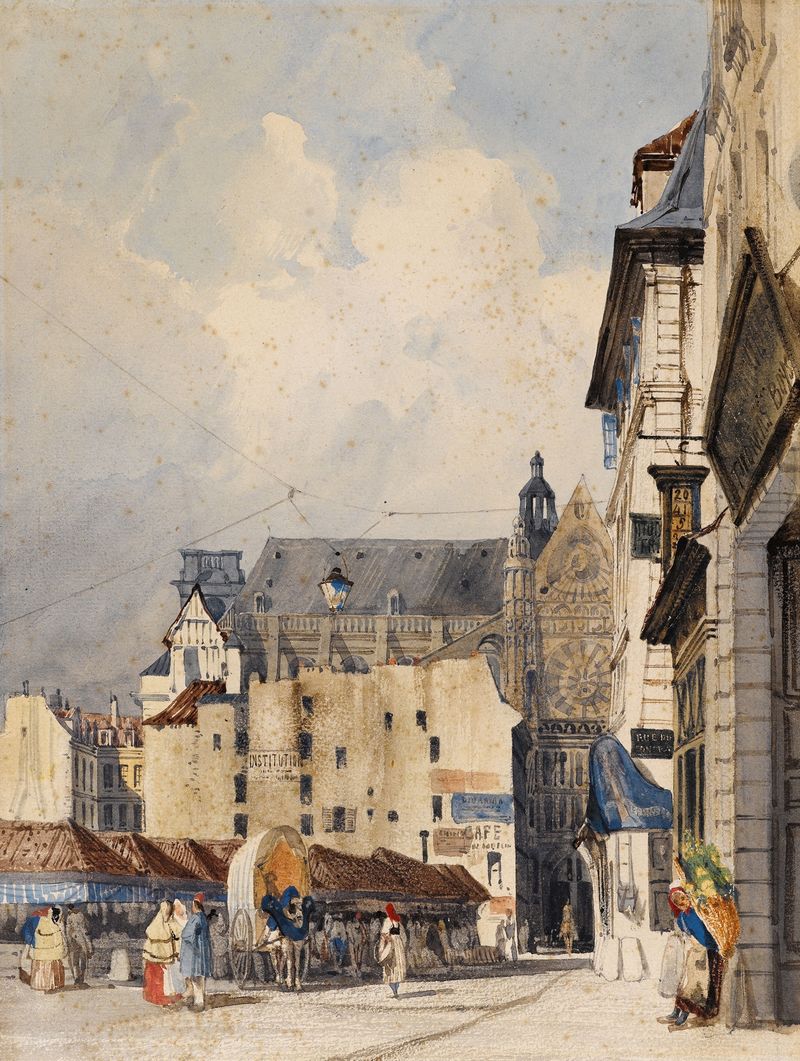 La rue des Prouvaires et l’église Saint-Eustache de Thomas Shotter Boys, óleo que retrata uma igreja e uma rua.