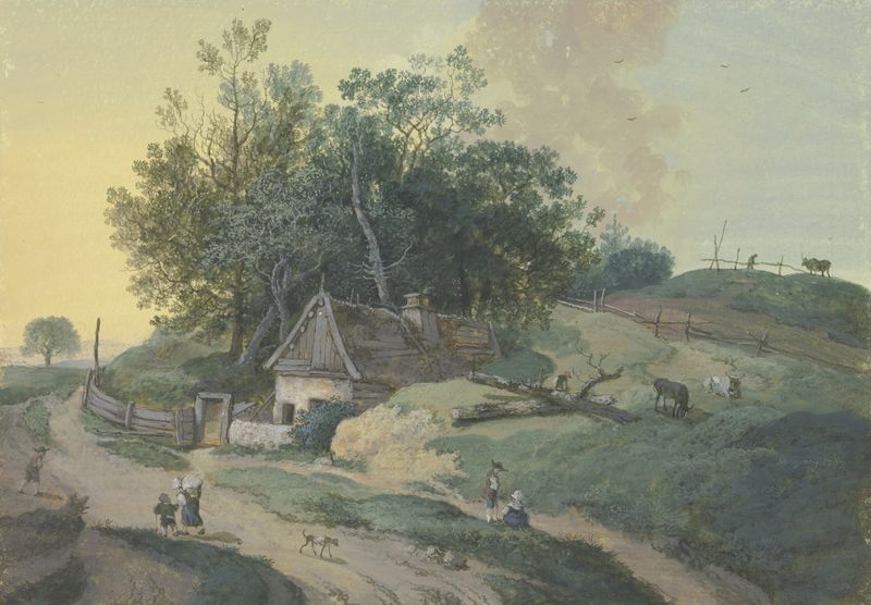 Genre scene depicting a farmhouse, figures, and cattle by Johann Georg Wagner