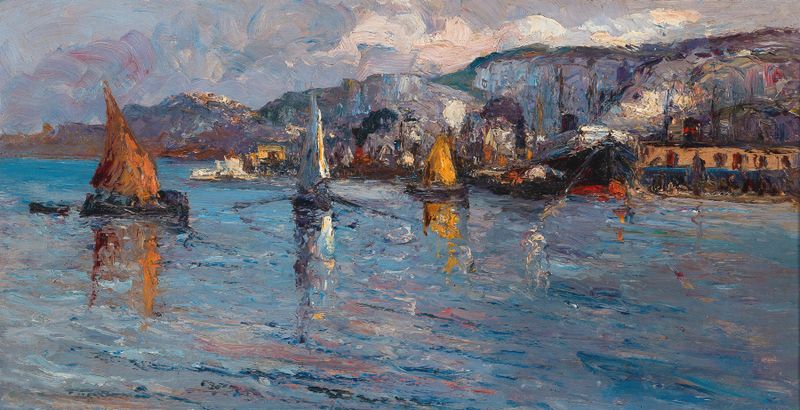 A Southern Coastal Landscape by Leontine von Littrow, oil on canvas depicting serene waves and twilight.