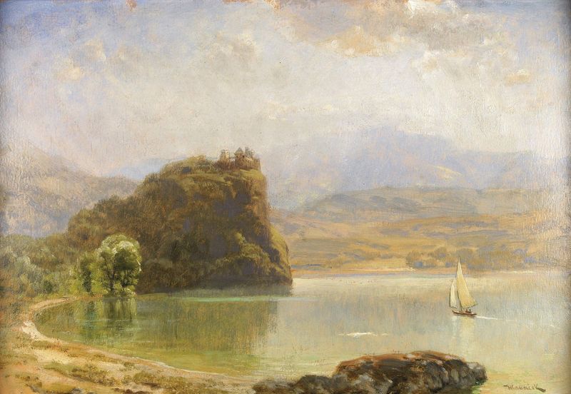 Landschaft mit Burg de Anton Hlavacek, óleo sobre tela mostrando um castelo cercado pela natureza.