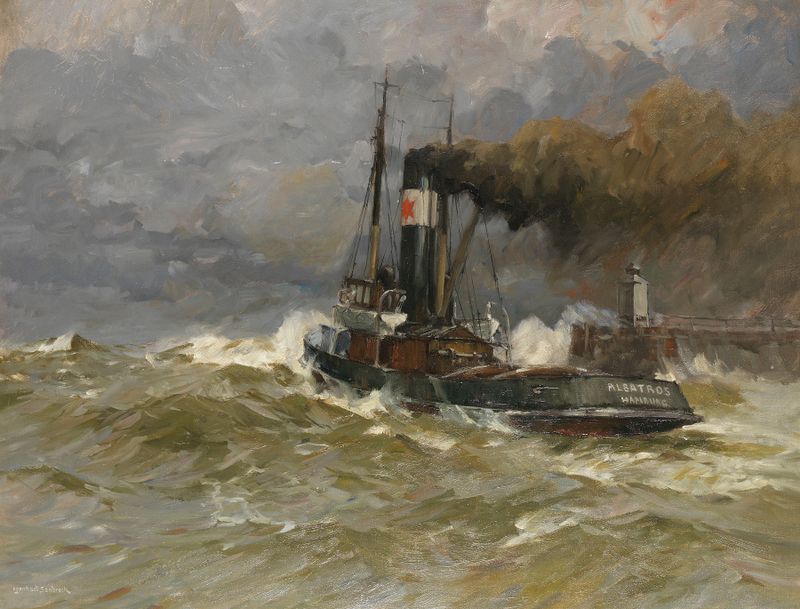 Pintura a óleo de Leonhard Sandrock que retrata um navio vibrante em um porto