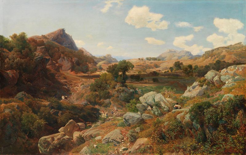 Landscape featuring rustic cottages and trees by Valentin Ruths, 1867