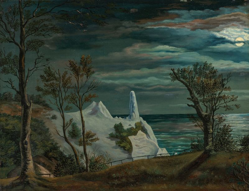 Moonlit Møns Klint with Sommerspiret by Frederik Sødring, landscape artwork