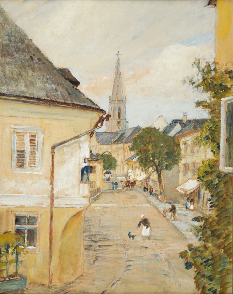 Interior scene with a window showing a landscape, oil painting by Rudolf Ribarz