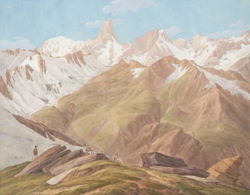 View of the Massif of Mont Blanc, oil on canvas by Jean-Antoine Linck, depicting mountains and a tranquil lake.
