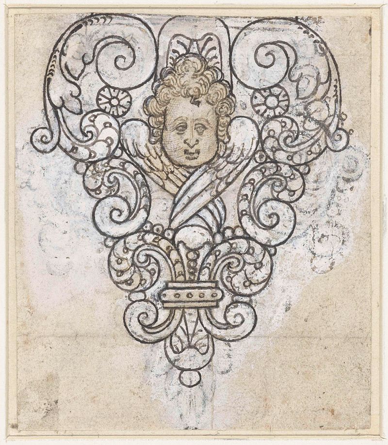 Querubim com asas cruzadas cercado por volutas, pintura a óleo de Unknown Artist