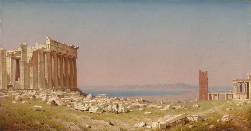 Ruins of the Parthenon de Sanford Robinson Gifford, óleo sobre lienzo, con columnas en ruinas y un cielo resplandeciente.