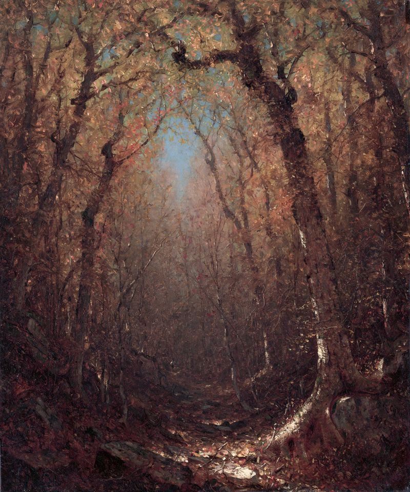 Paisaje de otoño con un camino serpenteante y hojas coloridas de Sanford Robinson Gifford, óleo sobre lienzo