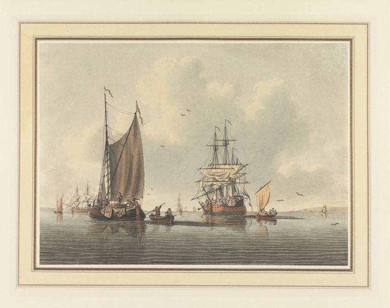 A Calm Day in the Anchorage by John Cleveley the younger, oil painting depicting a peaceful harbor scene