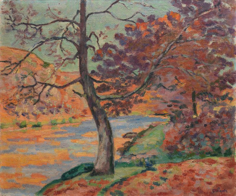 La Roche de L’Echo, à Crozant de Armand Guillaumin, pintura al óleo que representa un paisaje de río tranquilo.
