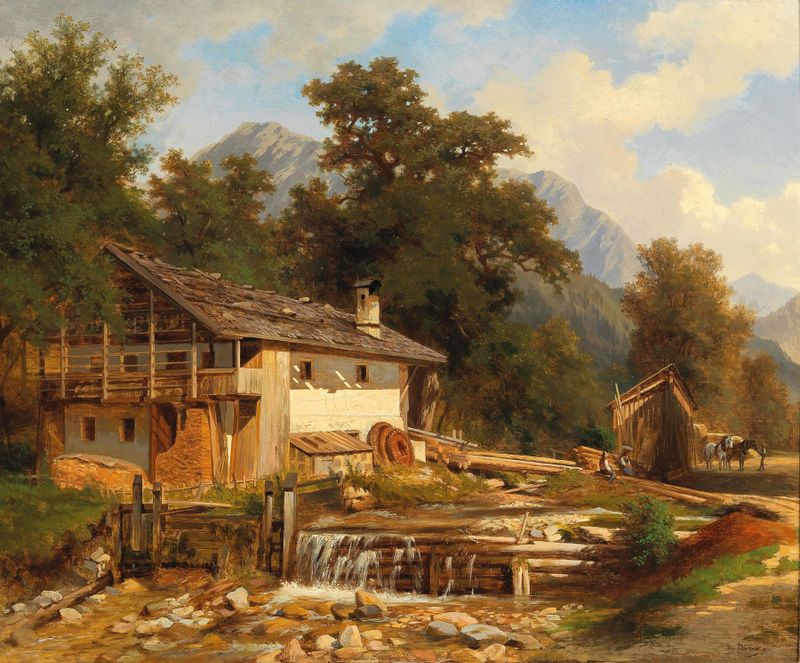 Paisagem do lago Achensee e montanhas por Hugo Darnaut, pintura a óleo