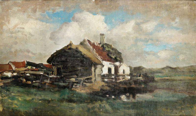 The Abandoned House by Félicien Rops, oil on canvas depicting a dilapidated house under a stormy sky.