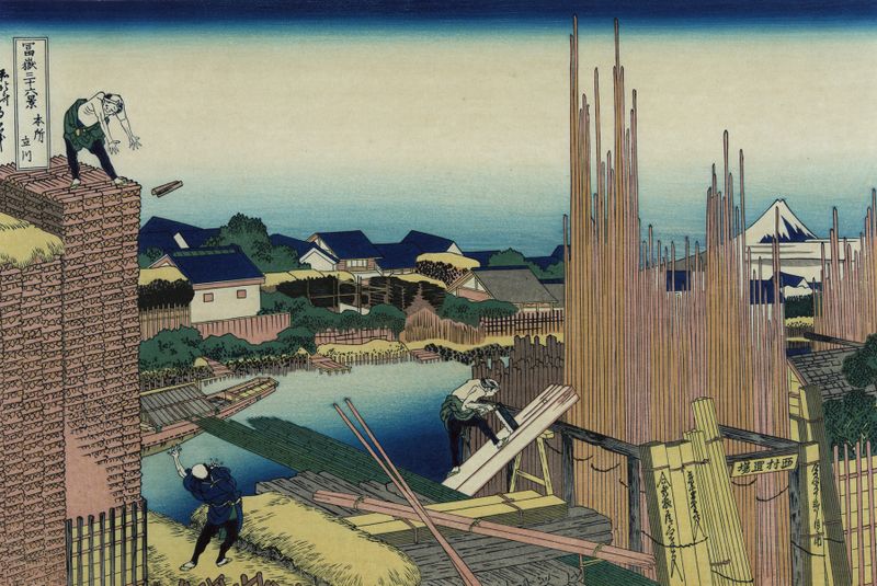 Honjo tatekawa de Katsushika Hokusai, tinta sobre papel, com ondas e padrões intrincados