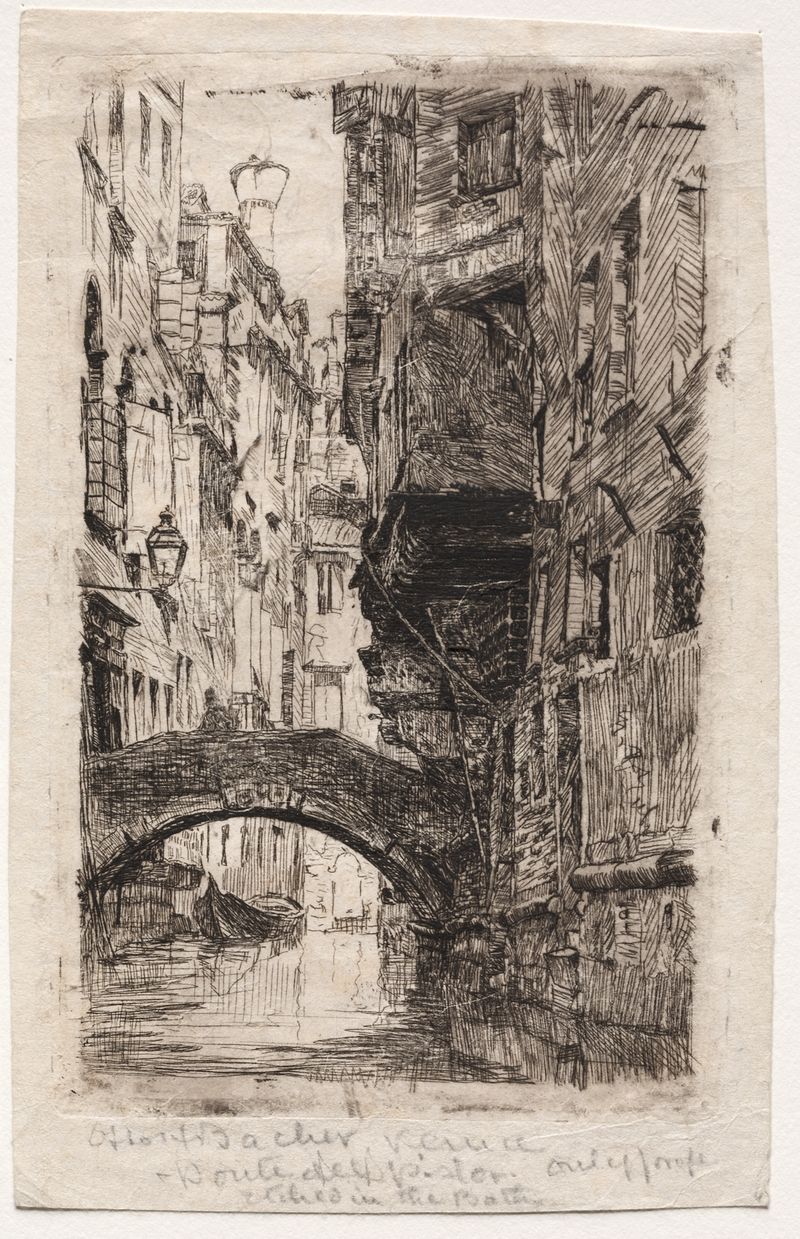 Ponte del Pistor by Otto Henry Bacher, watercolor on paper, depicting a bridge over water with reflections.