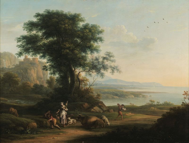 Pastoral scene by Vittorio Amedeo Cignaroli, oil on canvas depicting gentle hills and vibrant nature.
