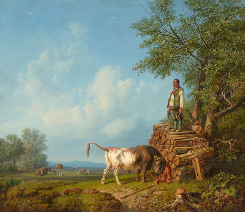 Genre scene of a farmer and a bull, oil on canvas by Heinrich Bürkel