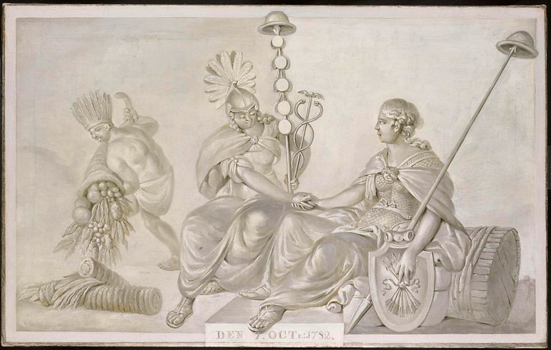 Alegoría que muestra figuras históricas en atuendos formales, óleo sobre lienzo de un artista desconocido