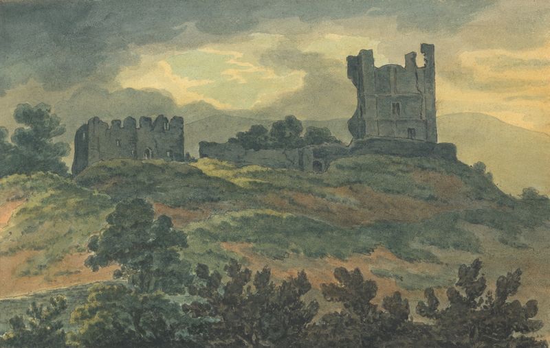 Castle Ruins on a Hilltop by Thomas Bradshaw, oil painting depicting crumbled stones and sky.