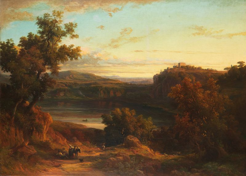 Veduta del lago di Nemi de Franz Knebel, óleo sobre tela que retrata um lago tranquilo com reflexos.