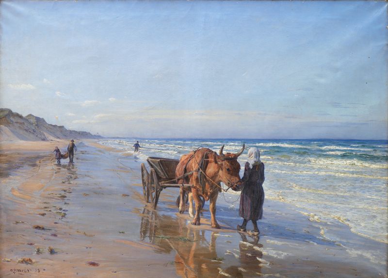 Marine scene with sailing boats at sunrise by N.P. Mols