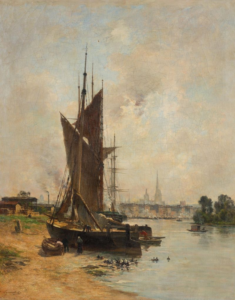 Hafenszene an der Seine in Rouen de Charles Lapostolet, Impresionismo, que muestra barcos y sombras en el río.